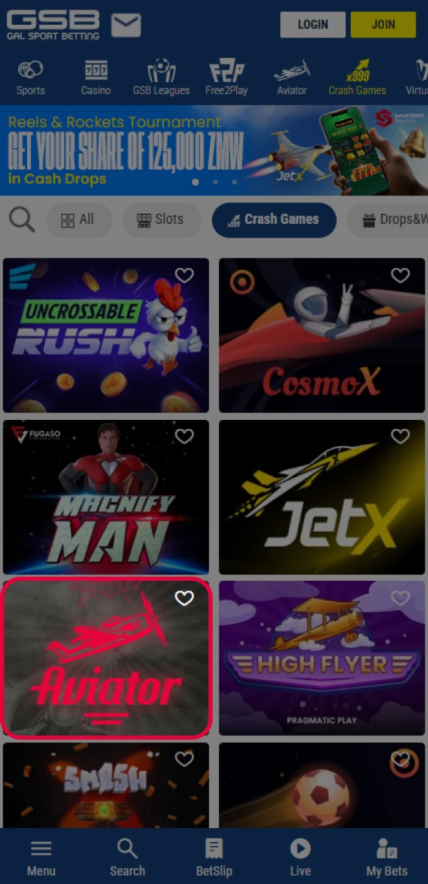 Find the Aviator title in the GSB to start your session.