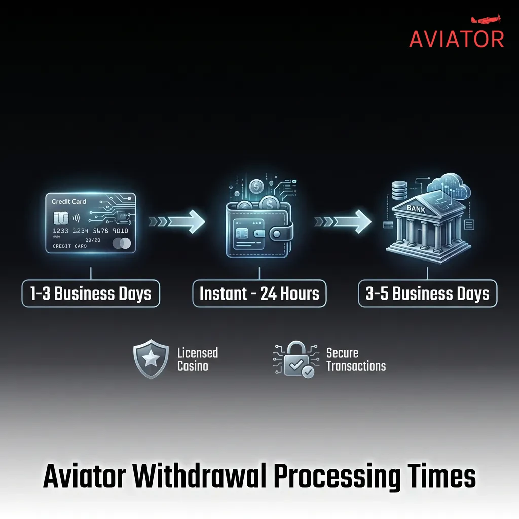 Comparison chart showing Aviator withdrawal times: crypto fastest at minutes, e-wallets 12-24 hours, mobile money 24 hours, cards 3-5 days