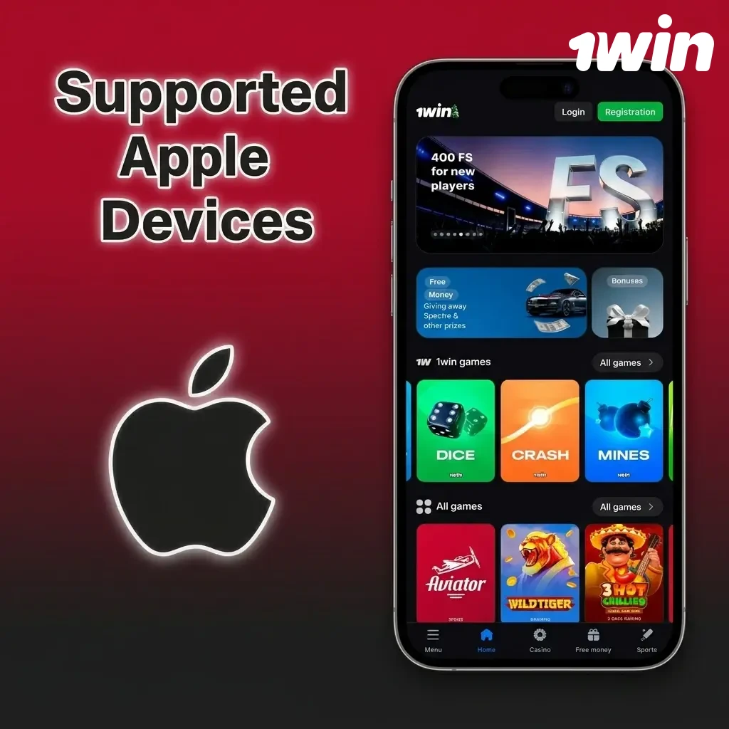 Supported Apple devices for 1win app including iPhone SE, iPhone 12 to 15, iPad Air and iPad Mini on iOS 12 or later