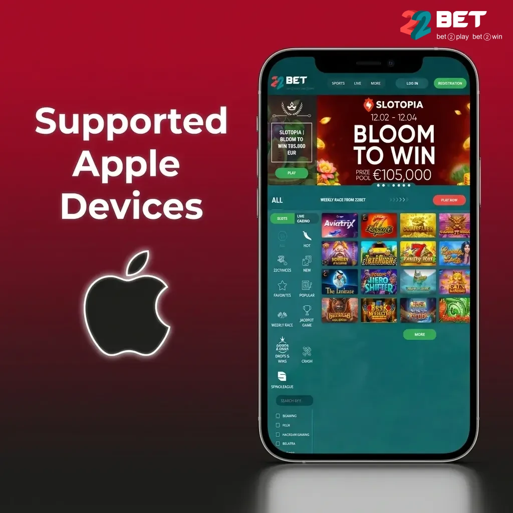 List of supported Apple devices for 22bet app including iPhone SE, iPhone 12 to 15 series, and iPad Air on iOS 12+