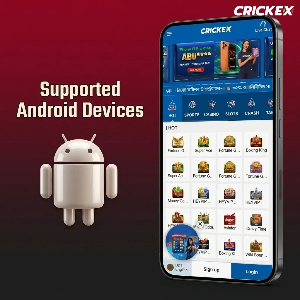 Supported Android devices for Crickex Aviator app across budget, mid-range, and flagship tiers from 2020 to 2024
