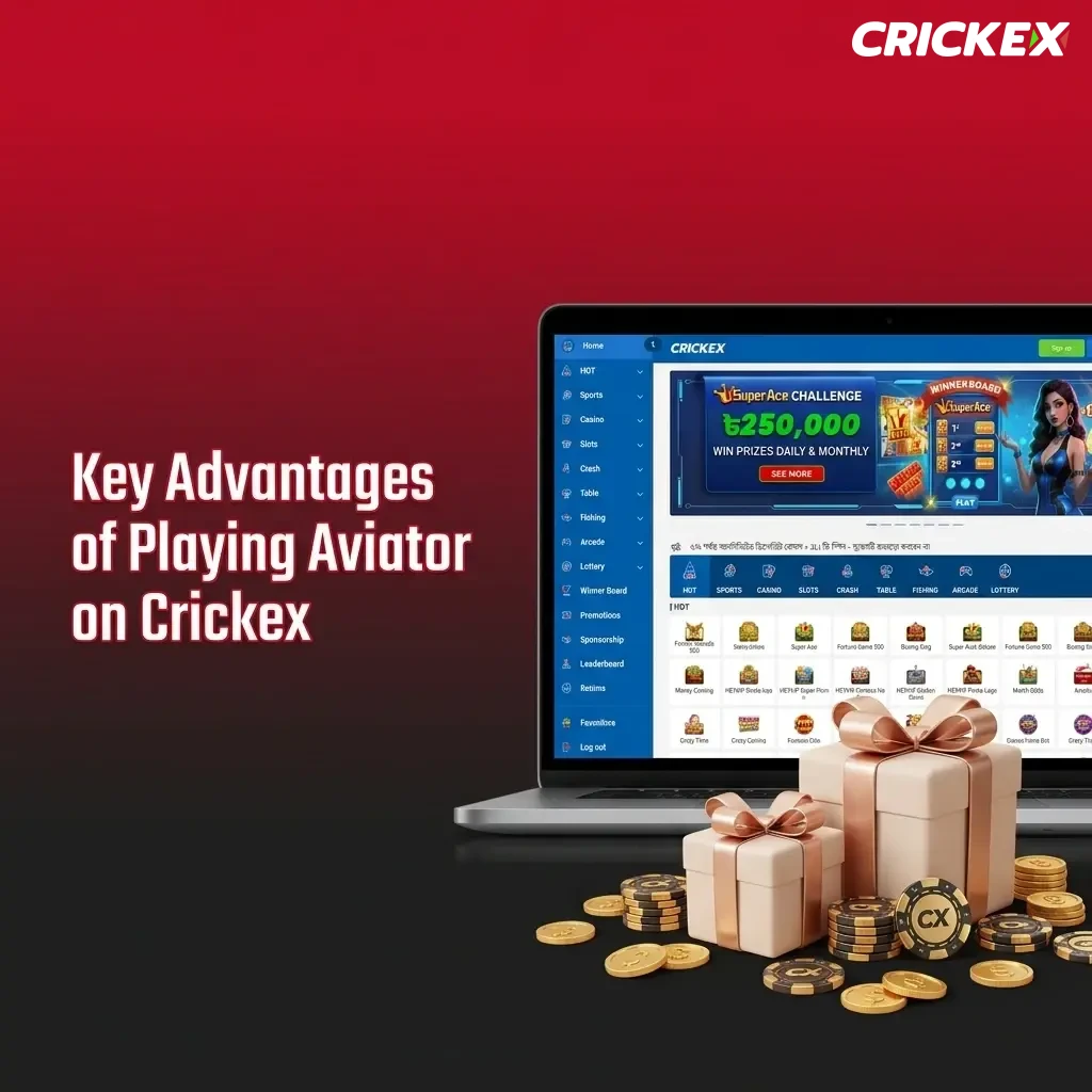 Key advantages of playing Aviator on Crickex including 97% RTP, auto cashout, INR transactions, and live chat support