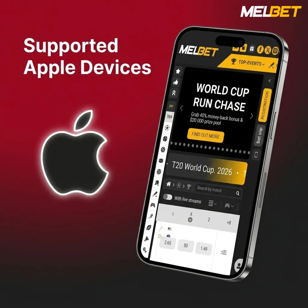 Apple devices compatible with Melbet Aviator app, including iPhone SE to iPhone 16 and various iPad models running iOS 12 or later