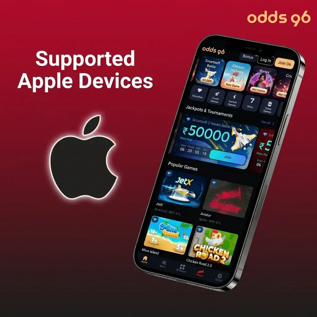 Odds96 app supported Apple devices including iPhone SE, iPhone 12 to 16 Pro Max, and iPad models running iOS 12 or later